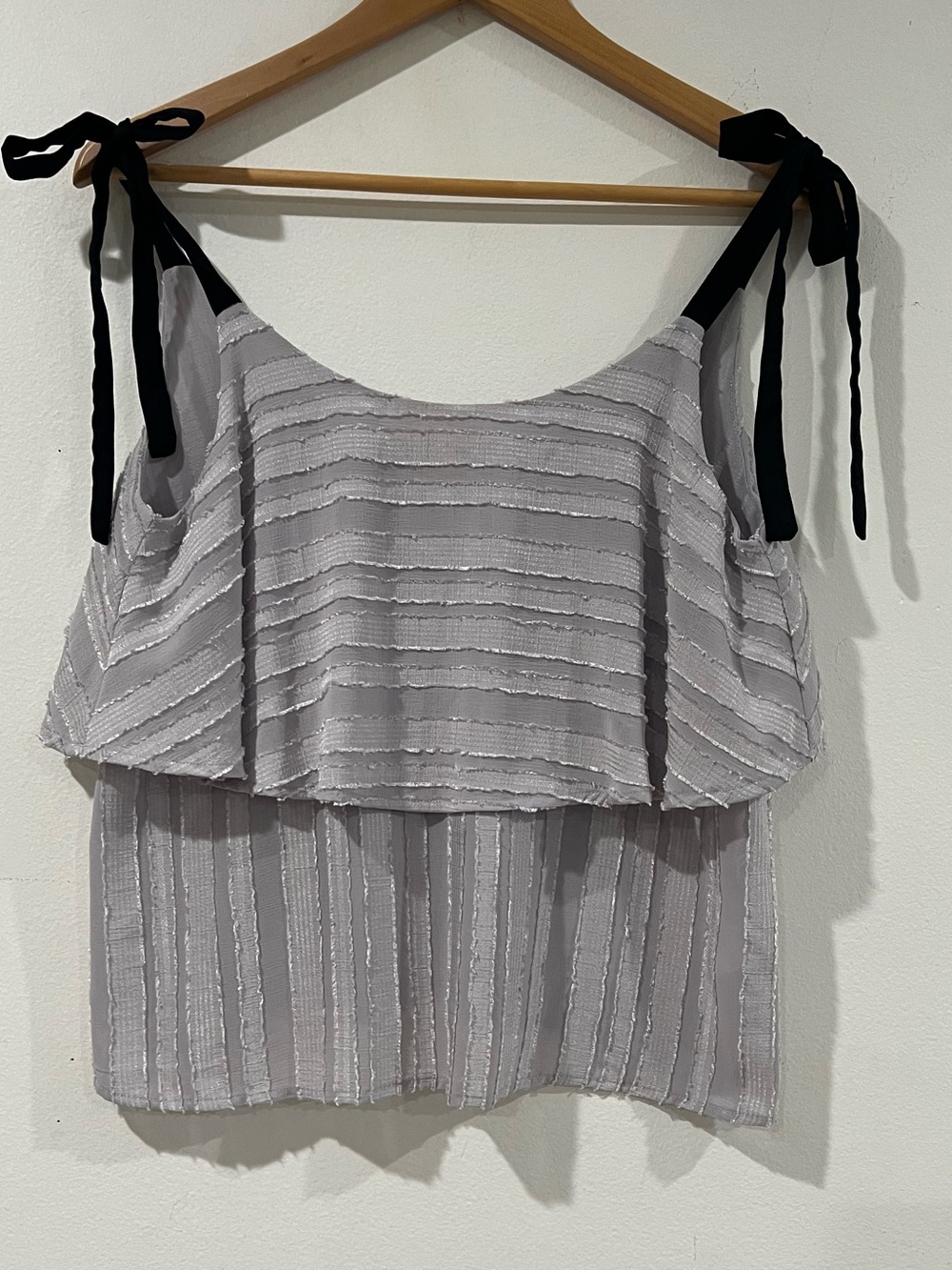 Elodie Women's gray  Tiered Ruffle Tank with Black Tie Straps S